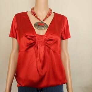 Banana Republic Red Silk Blouse | Pintuck Front | Short Sleeve | Size 10